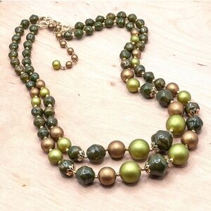 Mid-Century Hong Kong Made Beaded Necklace Green Gold Double Strand Statement